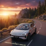 Family in electric car on scenic road trip 2026