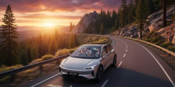 Family in electric car on scenic road trip 2026