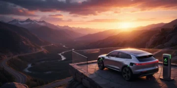 Electric vehicle charging at a scenic overlook, sustainable road trip 2026