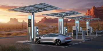 Modern EV charging station at sunset on an American road trip, highlighting advanced infrastructure.