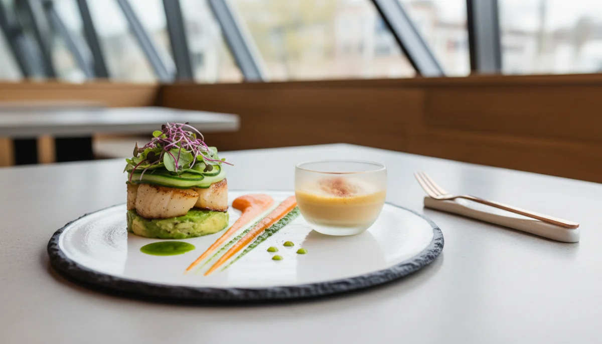 Exquisitely plated modern American cuisine in a chic restaurant setting.