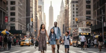 Family enjoying a city break in a vibrant US city