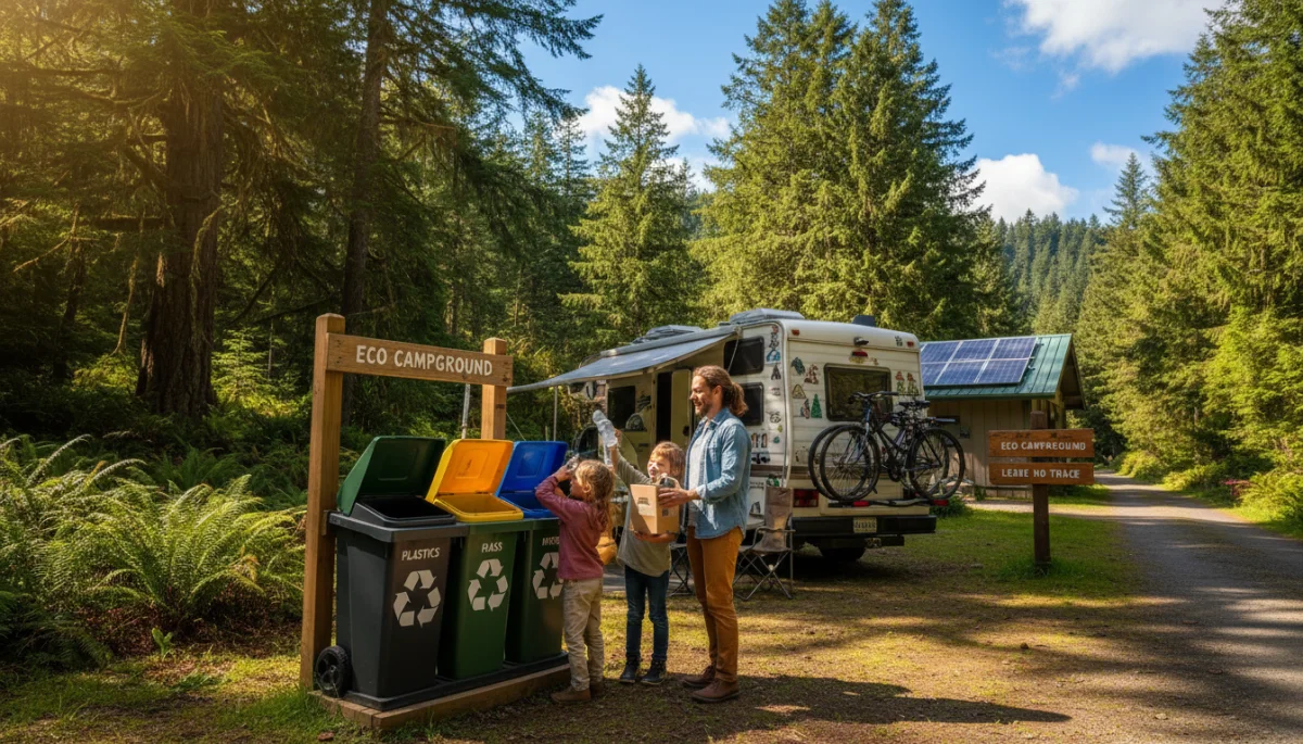 Family recycling at eco-friendly campsite, sustainable road trip practices