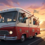 Family enjoying a scenic summer 2026 road trip in an RV, driving through mountains.