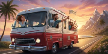 Family enjoying a scenic summer 2026 road trip in an RV, driving through mountains.