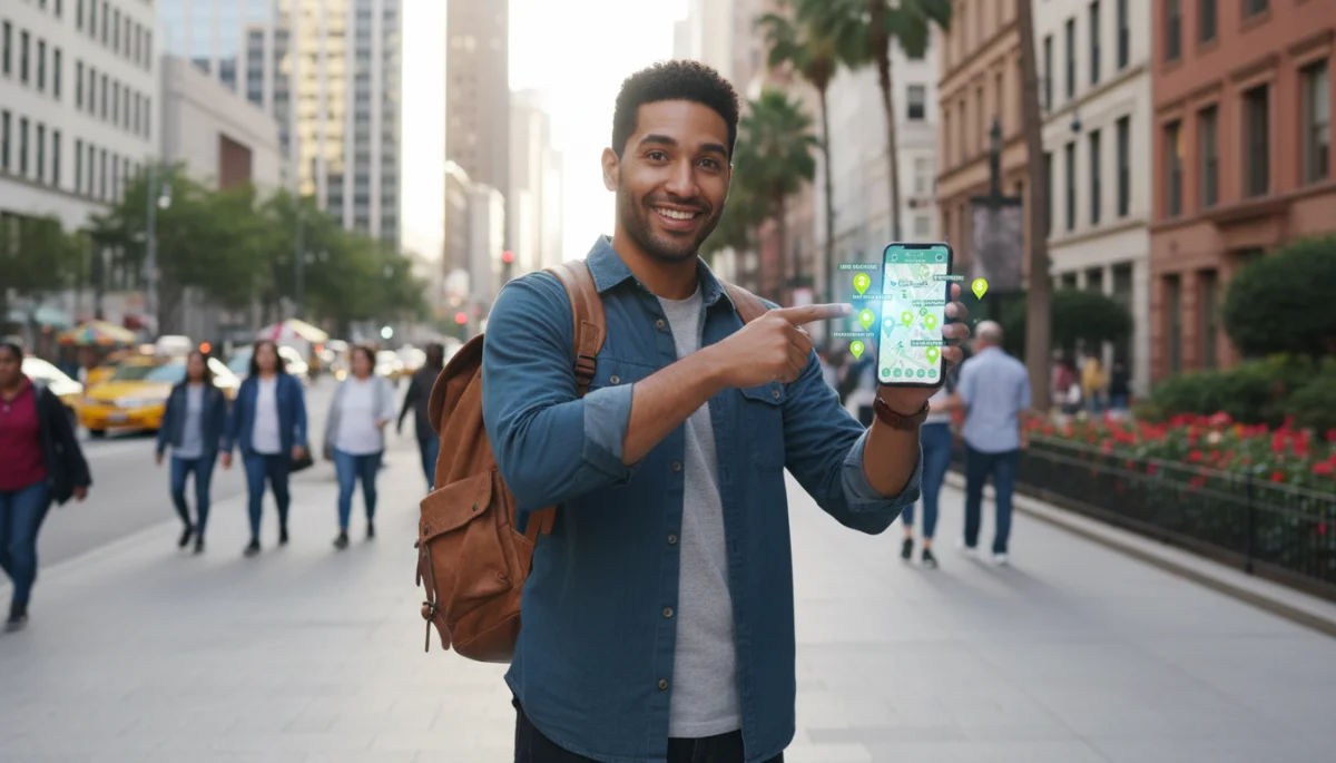 Traveler using smartphone to find free city attractions, symbolizing smart budgeting.