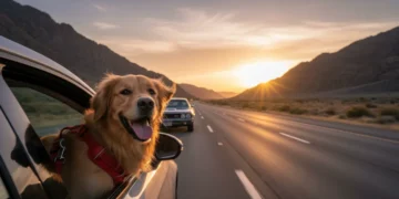 Golden retriever enjoying a pet-friendly road trip