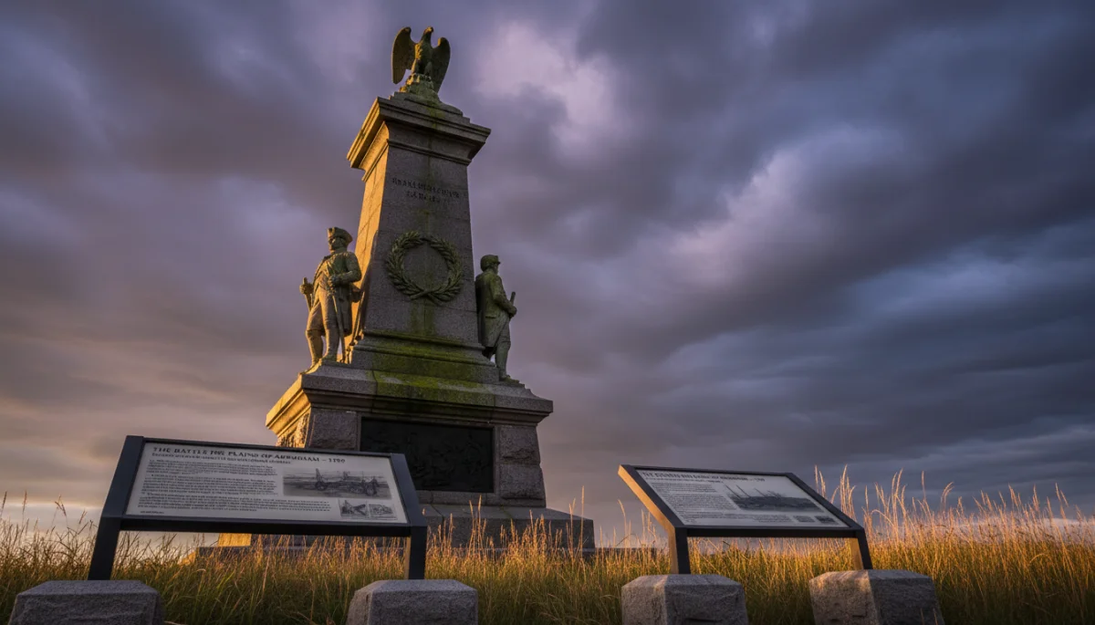 Historic battlefield monument with interpretive signs