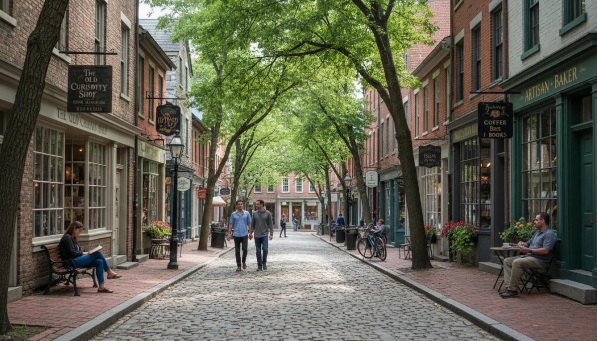 Cobblestone street in a historic district with quaint shops and cafes, inviting exploration.