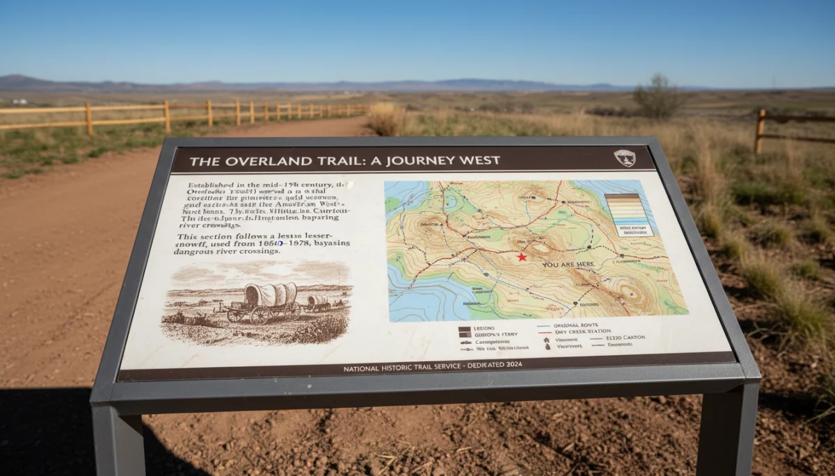 Interpretive sign on a newly opened historic trail segment