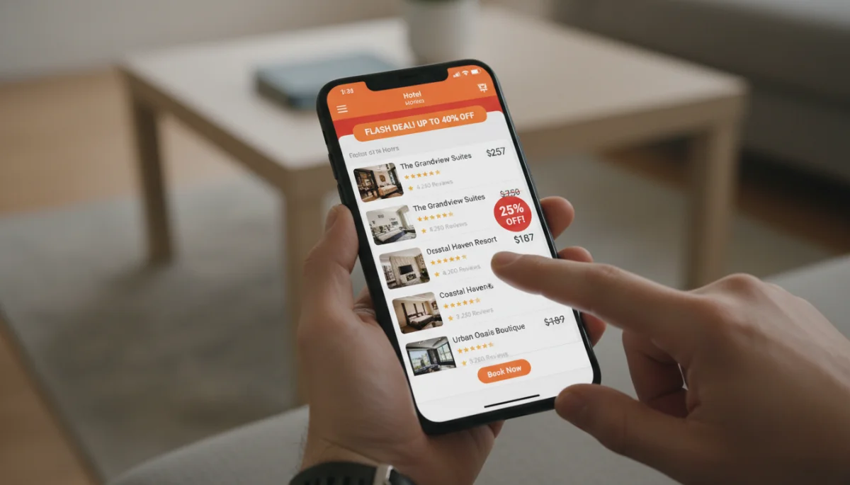 Smartphone displaying hotel booking app with deals and discounts