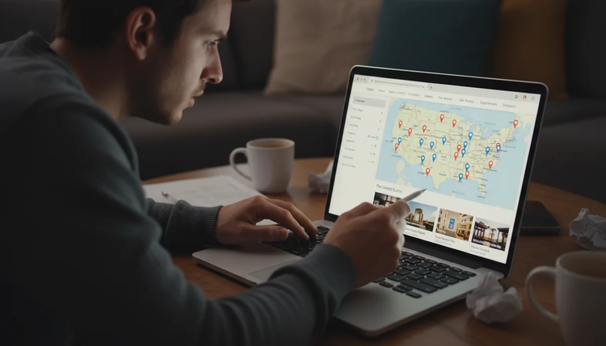 Traveler meticulously comparing hotel prices on a laptop for 2026 bookings.