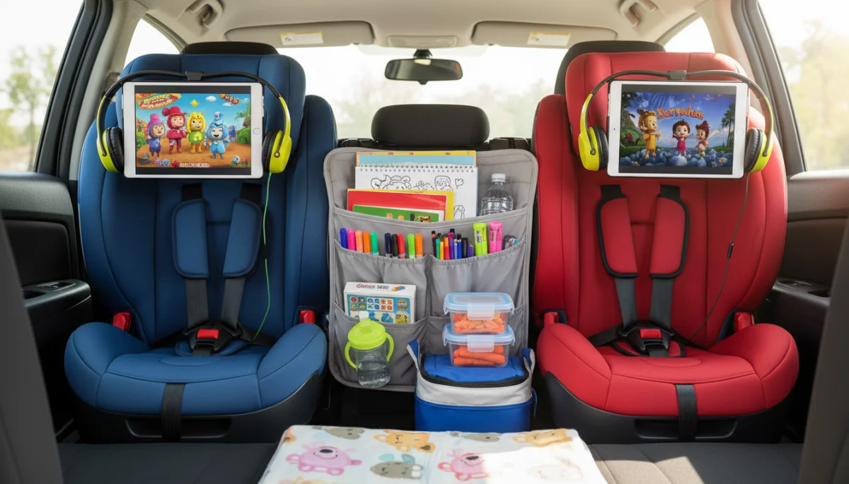 Organized car interior with kids' entertainment for a long road trip.
