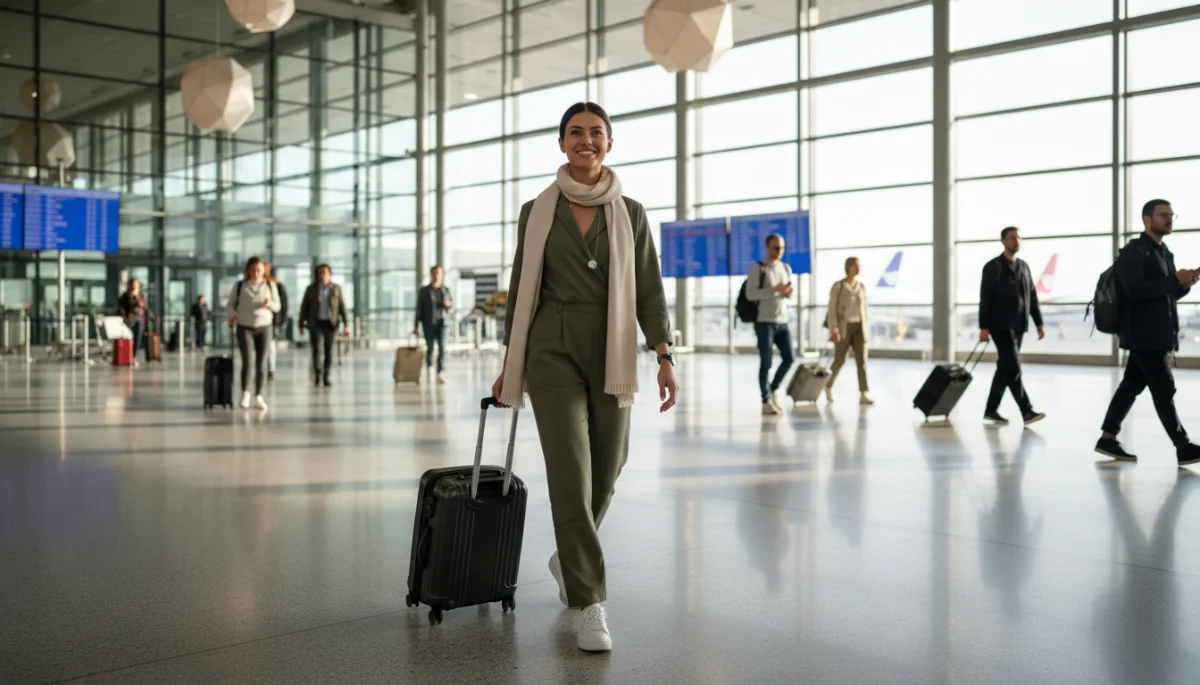 Traveler with single carry-on bag at airport, demonstrating light packing success