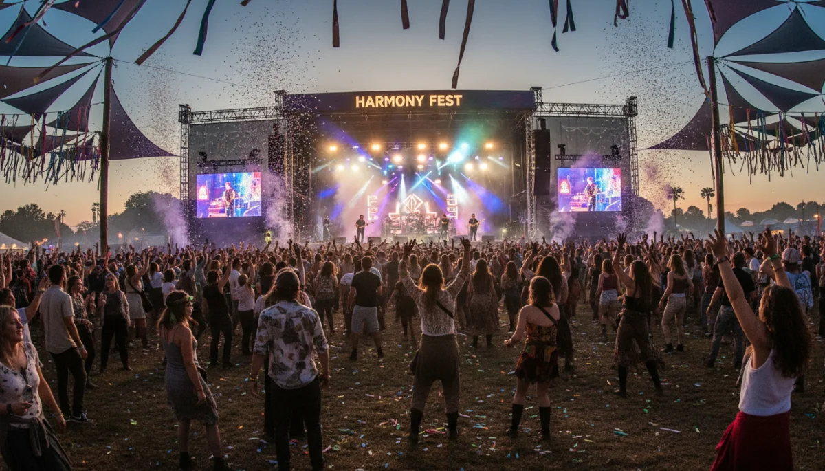 Energetic crowd enjoying live music at a vibrant cultural festival