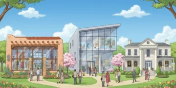 Dynamic visual comparison of three major regional art exhibitions in the USA for Spring 2026, highlighting architectural diversity and artistic themes.