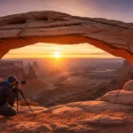 Sunrise over Mesa Arch, Canyonlands National Park, Utah with photographer