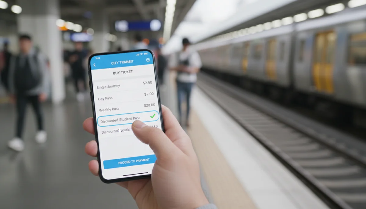 Mobile ticketing app for US public transit, showing fare selection and potential savings.