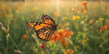 Monarch butterfly resting on an orange flower in natural habitat