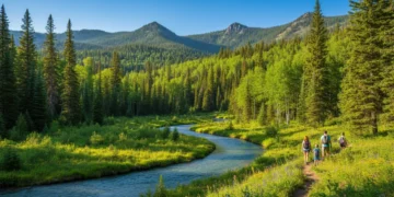 Panoramic view of a vibrant national forest in summer, perfect for outdoor activities