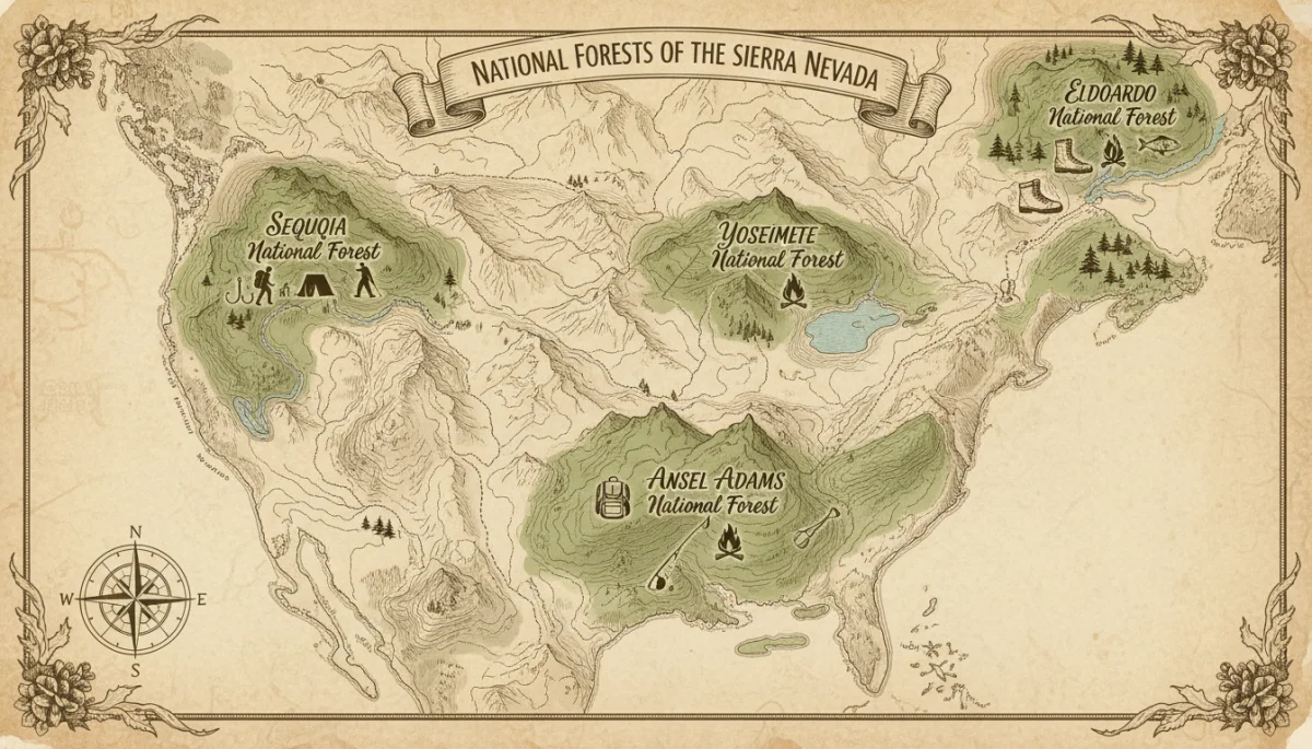 Map showing locations and activities of top national forests