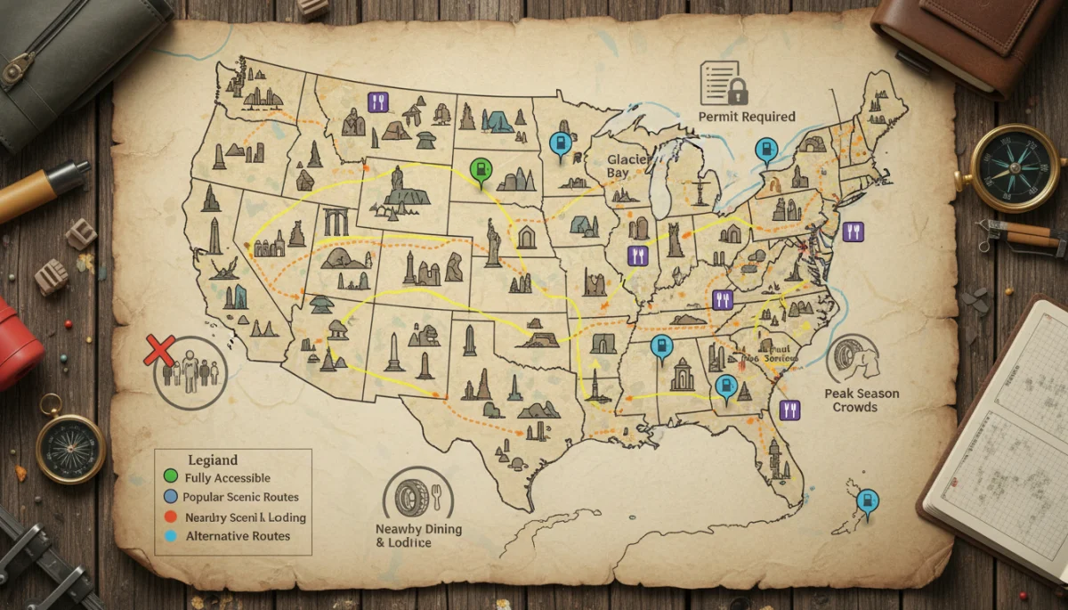Detailed map of US national monuments in 2026, showing routes, amenities, and potential travel challenges.