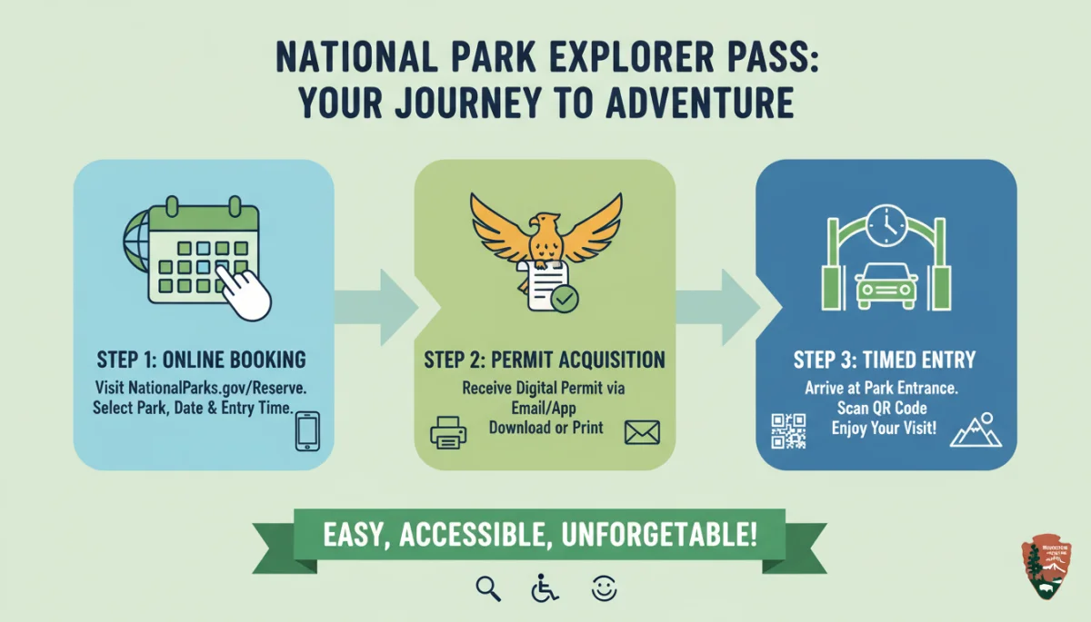 Infographic detailing steps for a new national park reservation system, highlighting online booking and timed entry.