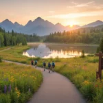 Sunrise over a national park with mountains and a lake, symbolizing new park policies.