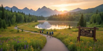 Sunrise over a national park with mountains and a lake, symbolizing new park policies.
