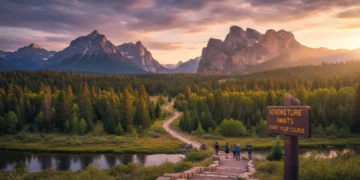 Sunrise over a majestic US National Park with a winding trail, symbolizing future adventure and careful planning.