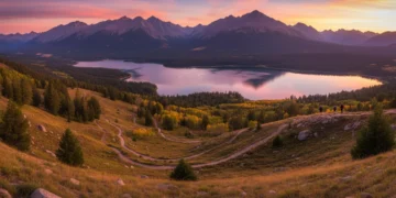 Sunset over a vast national recreation area with mountains, lake, and hikers.