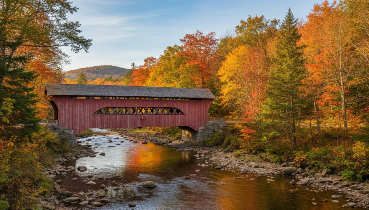 Historic covered bridge nestled among brilliant fall colors in New England
