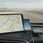 Digital map on tablet showing optimized 2026 road trip itinerary with apps and tools.