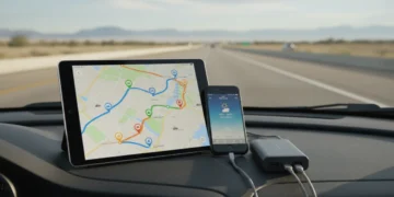 Digital map on tablet showing optimized 2026 road trip itinerary with apps and tools.