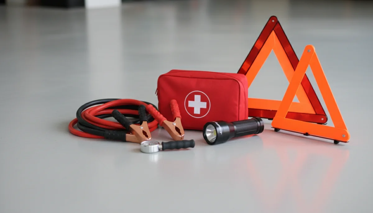 Organized vehicle emergency kit with essential tools for road trip safety.