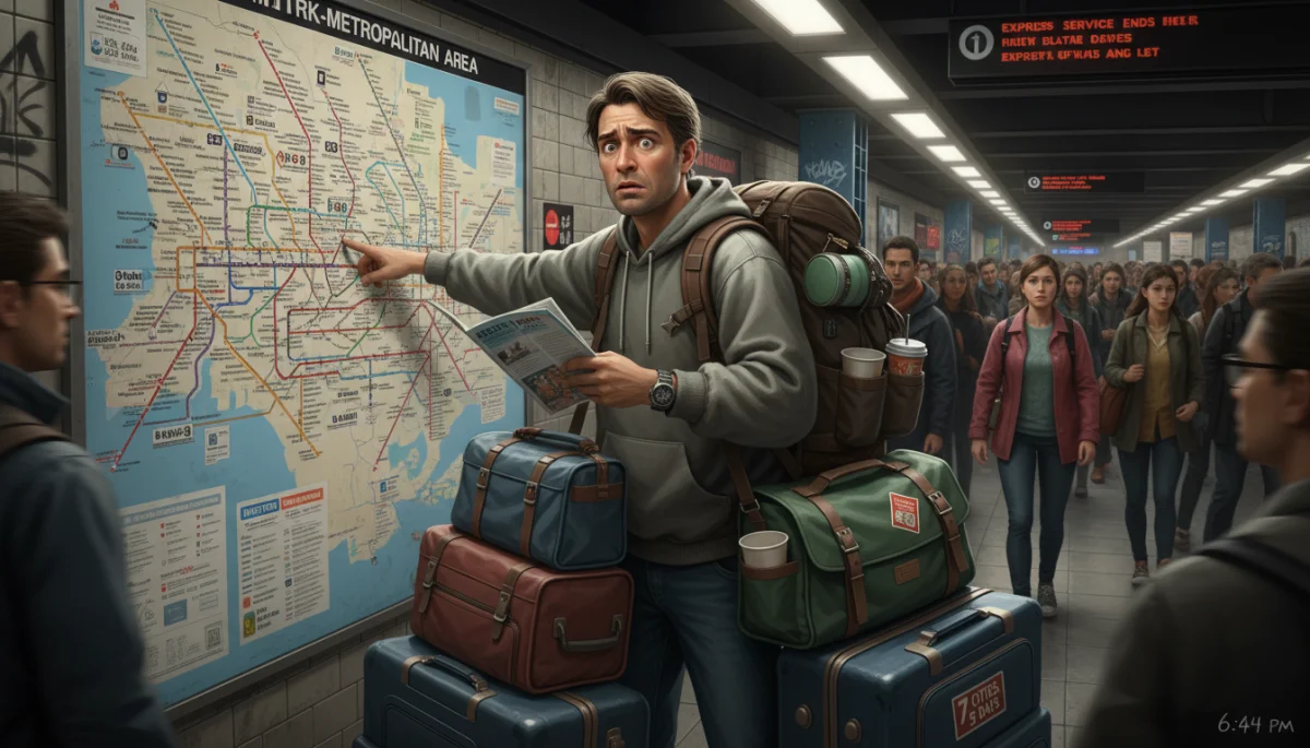Overwhelmed traveler struggling with public transport map in a busy US city.