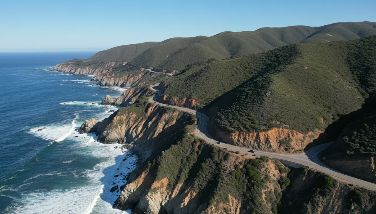 Aerial view of California's Pacific Coast Highway winding along the ocean.