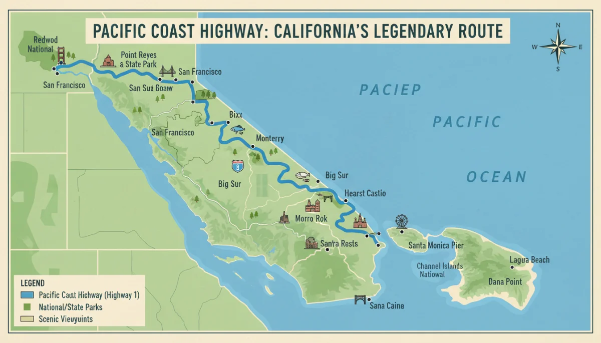 Detailed map of Pacific Coast Highway showing scenic route and landmarks.