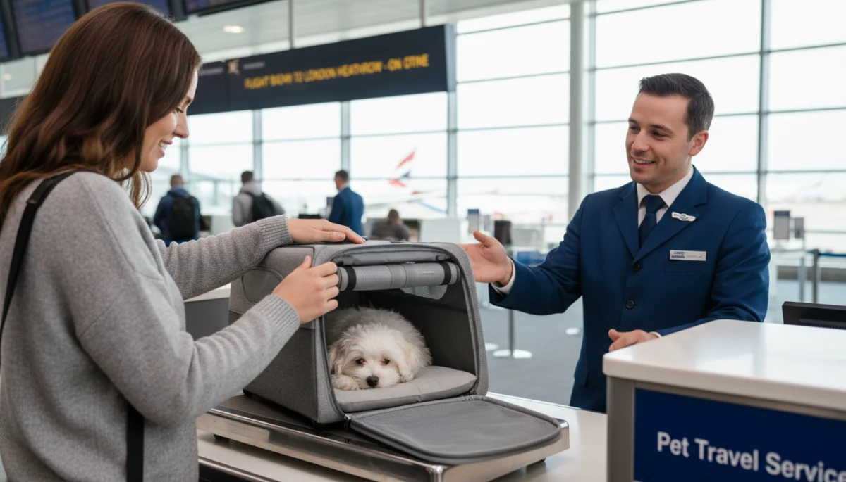 Person placing small dog into airline-approved carrier at airport check-in