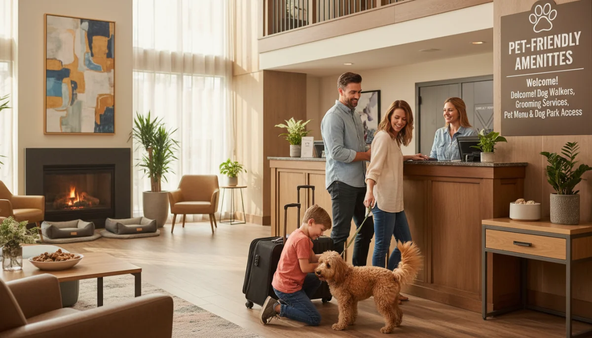 Family with small dog checking into pet-friendly hotel