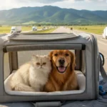 Happy golden retriever and cat in carrier, enjoying scenic US domestic travel