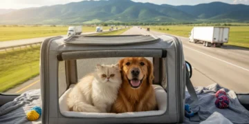 Happy golden retriever and cat in carrier, enjoying scenic US domestic travel