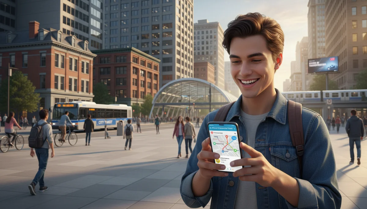 Person using a public transportation app in a US city for efficient travel planning.
