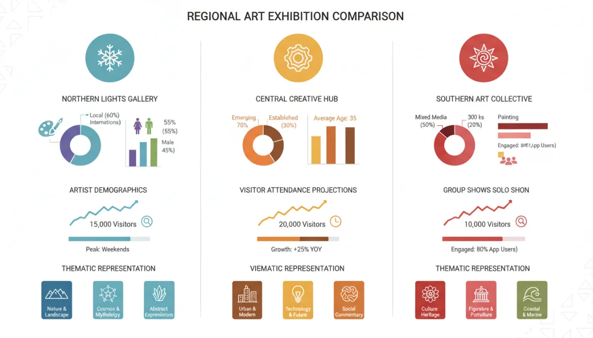 Infographic showing comparative data for US regional art exhibitions 2026, including visitor numbers and artistic trends.