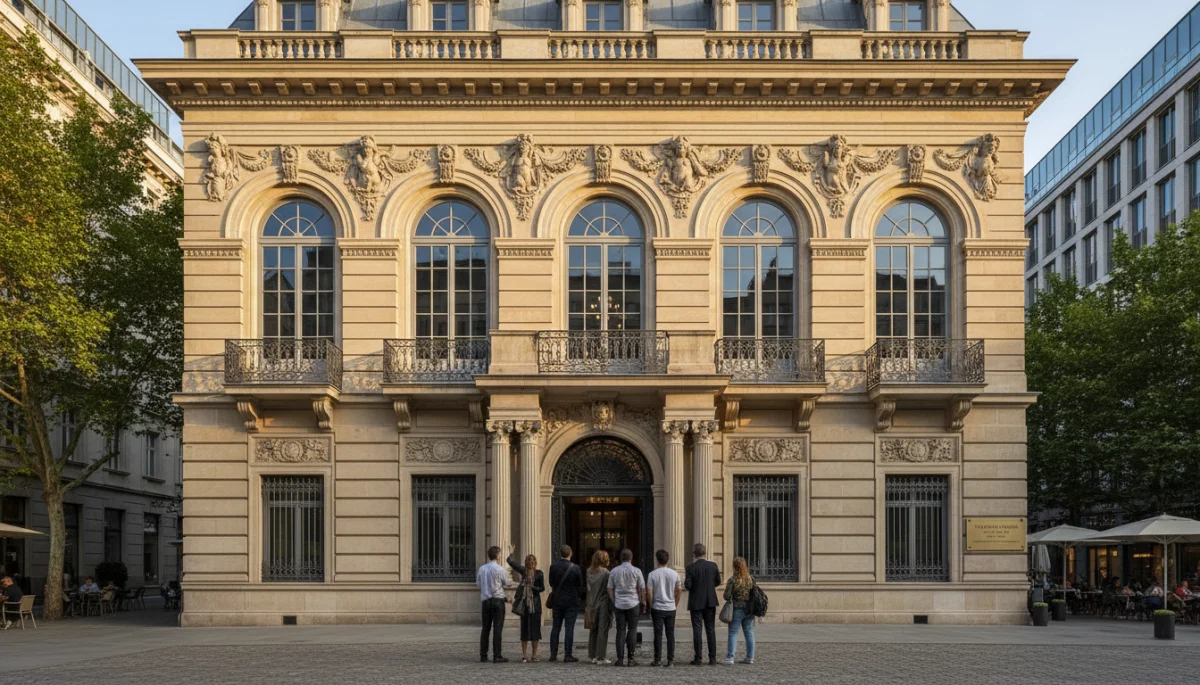 Restored historical building facade with ornate details