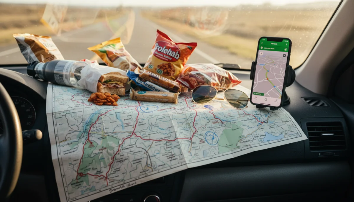Detailed road trip planning map and essentials on dashboard