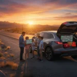 Family checking map on tablet during a scenic road trip stop, emergency kit visible.