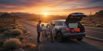 Family checking map on tablet during a scenic road trip stop, emergency kit visible.