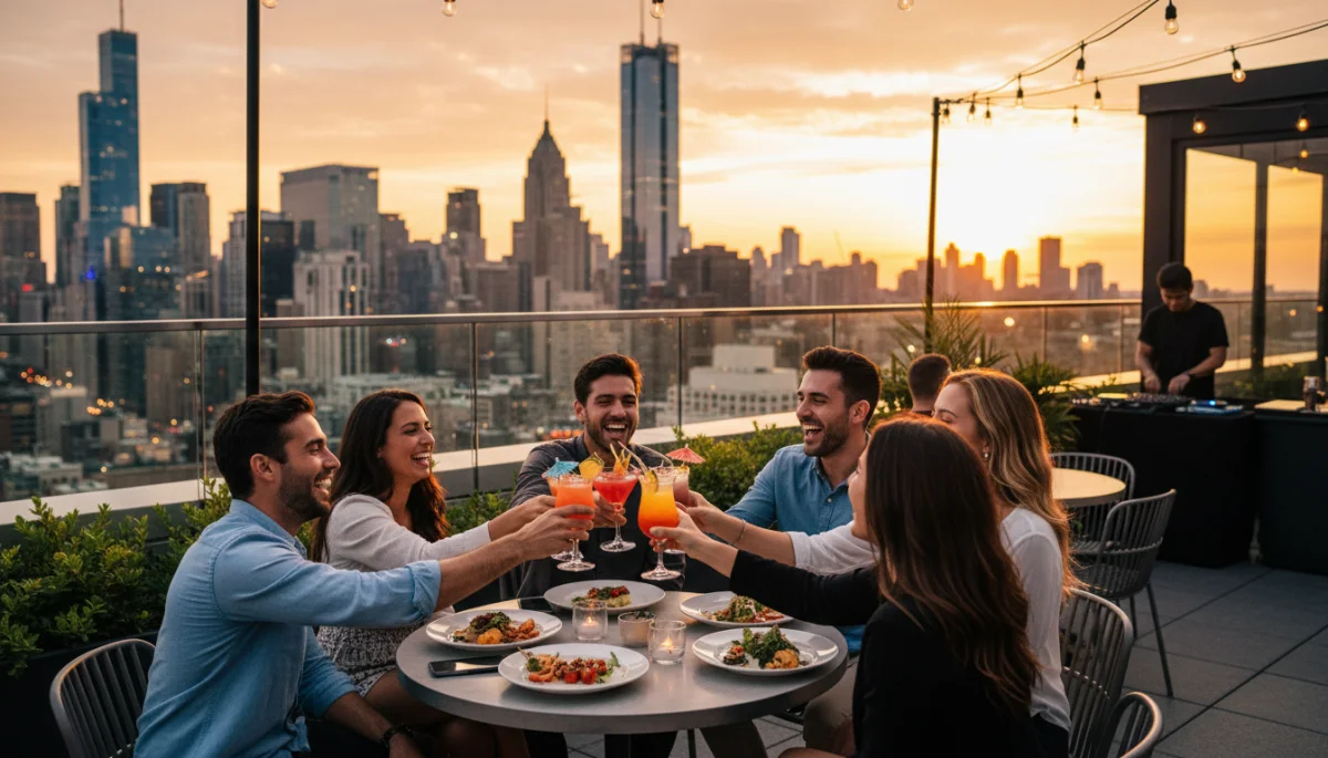 Friends enjoying a rooftop bar in a US city