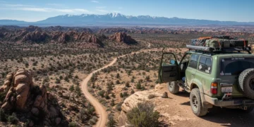 Rugged 4x4 vehicle on a wilderness road trip overlook
